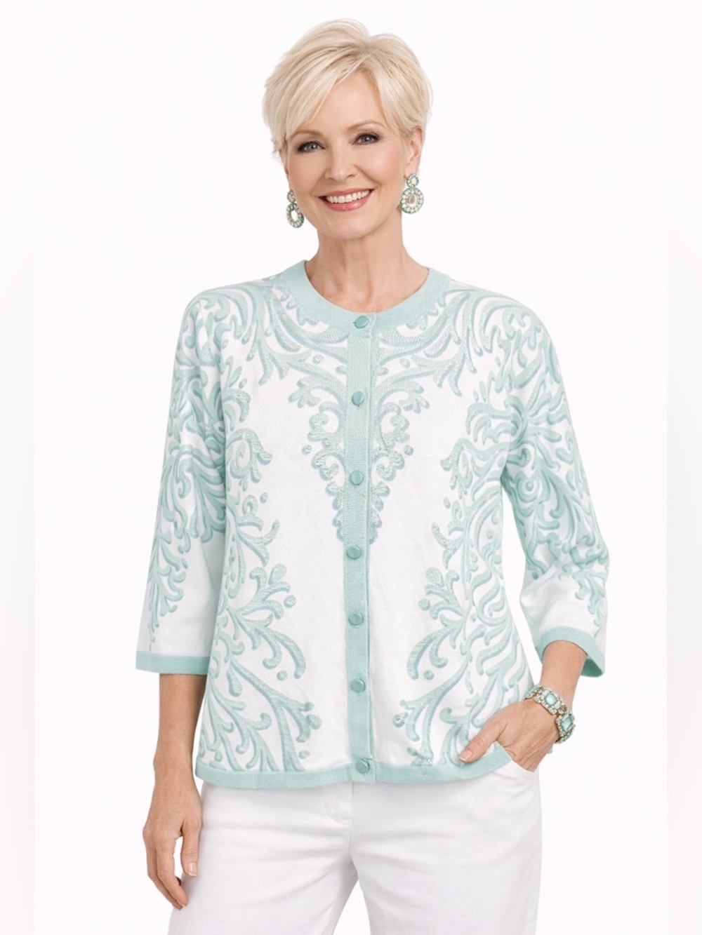 Bob Mackie Womens Cotton Cardigan Medium White Mint Green Artsy Elegant Casual